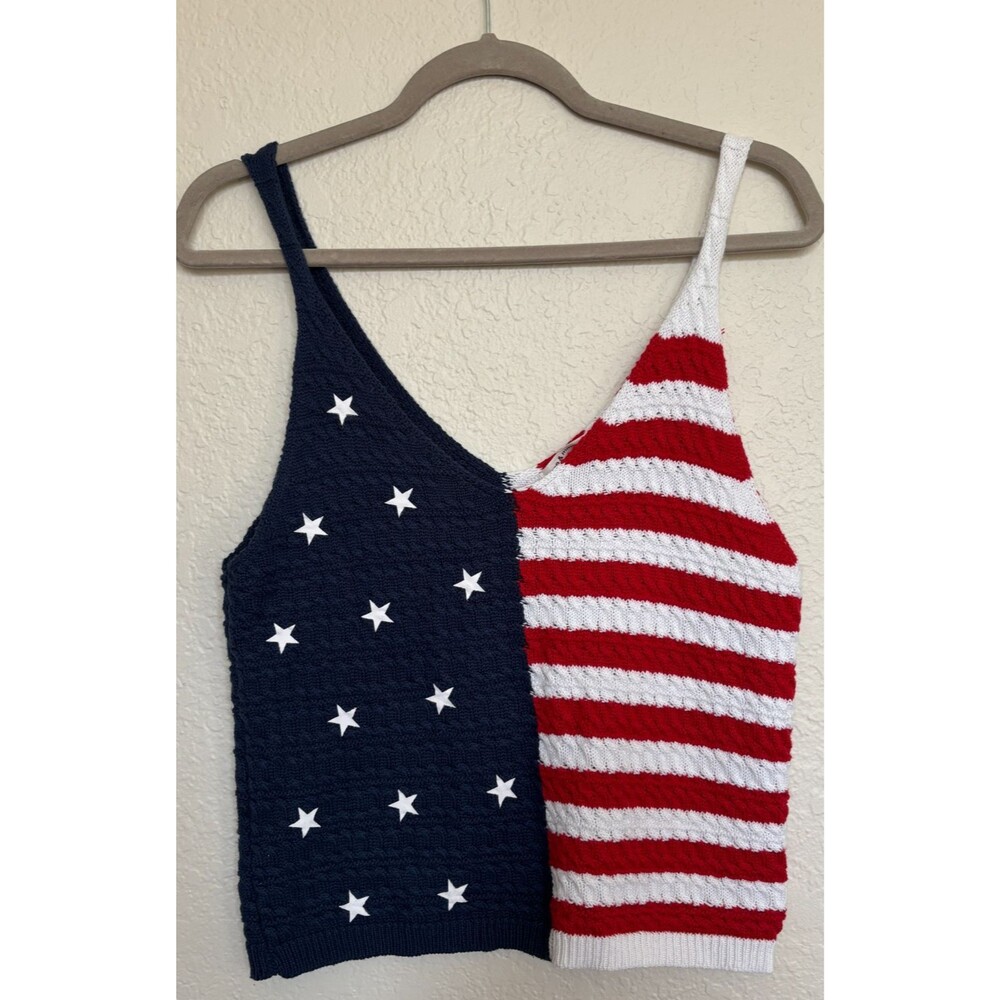 American Flag Knit Tank Top Womens L Patriotic 4th July USA Festival Concert